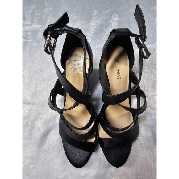 Nine West Black Leather Strappy Wedge Sandals Ankle Strap Open Toe-SZ 8M - Picture 2 of 7
